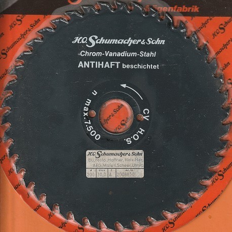 H.O. Schumacher+Sohn Kreissägeblatt Chrom-Vanadium A Grobzahn antihaftbeschichtet – Ø 200 mm, Bohrung 30 mm