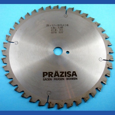 PRÄZISA Jännsch Hartmetall-Kreissägeblatt  für Kapp- und Gehrungssägen, Type W Wechselzahn negativ mittel – Ø 250 mm, Bohrung 20