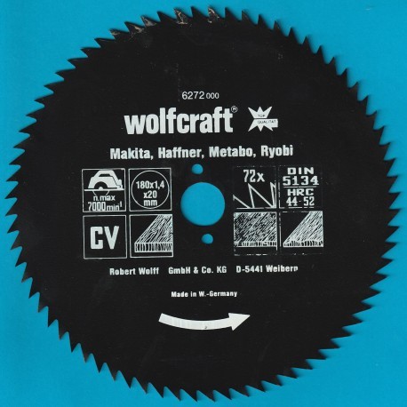 wolfcraft Serie blau Handkreissägeblatt CV mit Antihaft-Beschichtung sehr fein – Ø 180 mm, Bohrung 20 mm