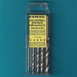 FAMAG Holzspiralbohrer HM-bestückt Standard-Set – 5 Bohrer in Kunststoff-Pack